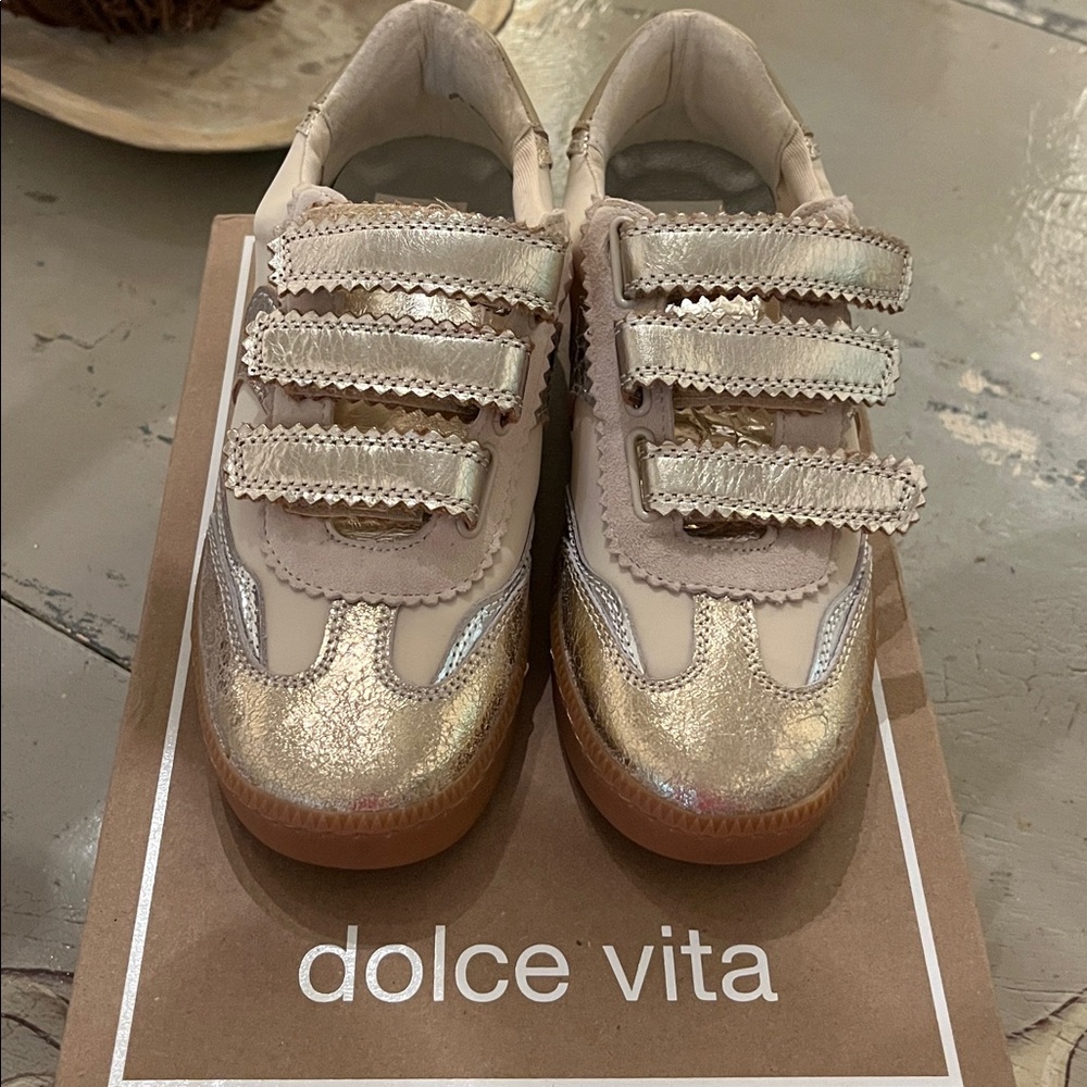 NIB Dolce Vita Metallic Gold and Cream Velcro Sneakers